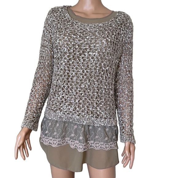 John Fashion brand beige layered open knit topo blouse flowy bottom SZ SM - Picture 3 of 11